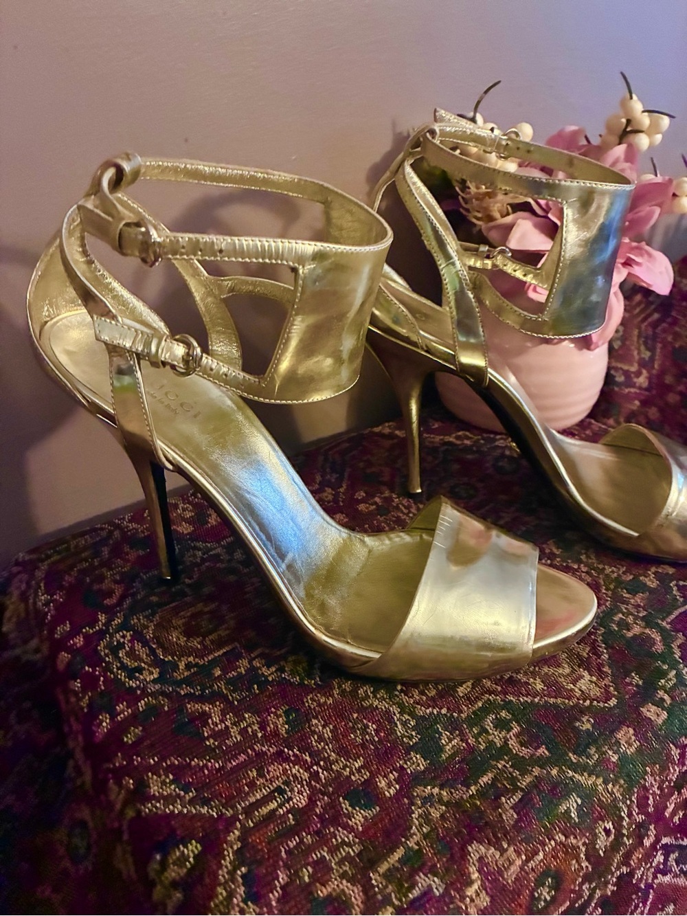 Gucci Metallic Gold Leather Ankle-Strap Heels - Picture 5 of 7